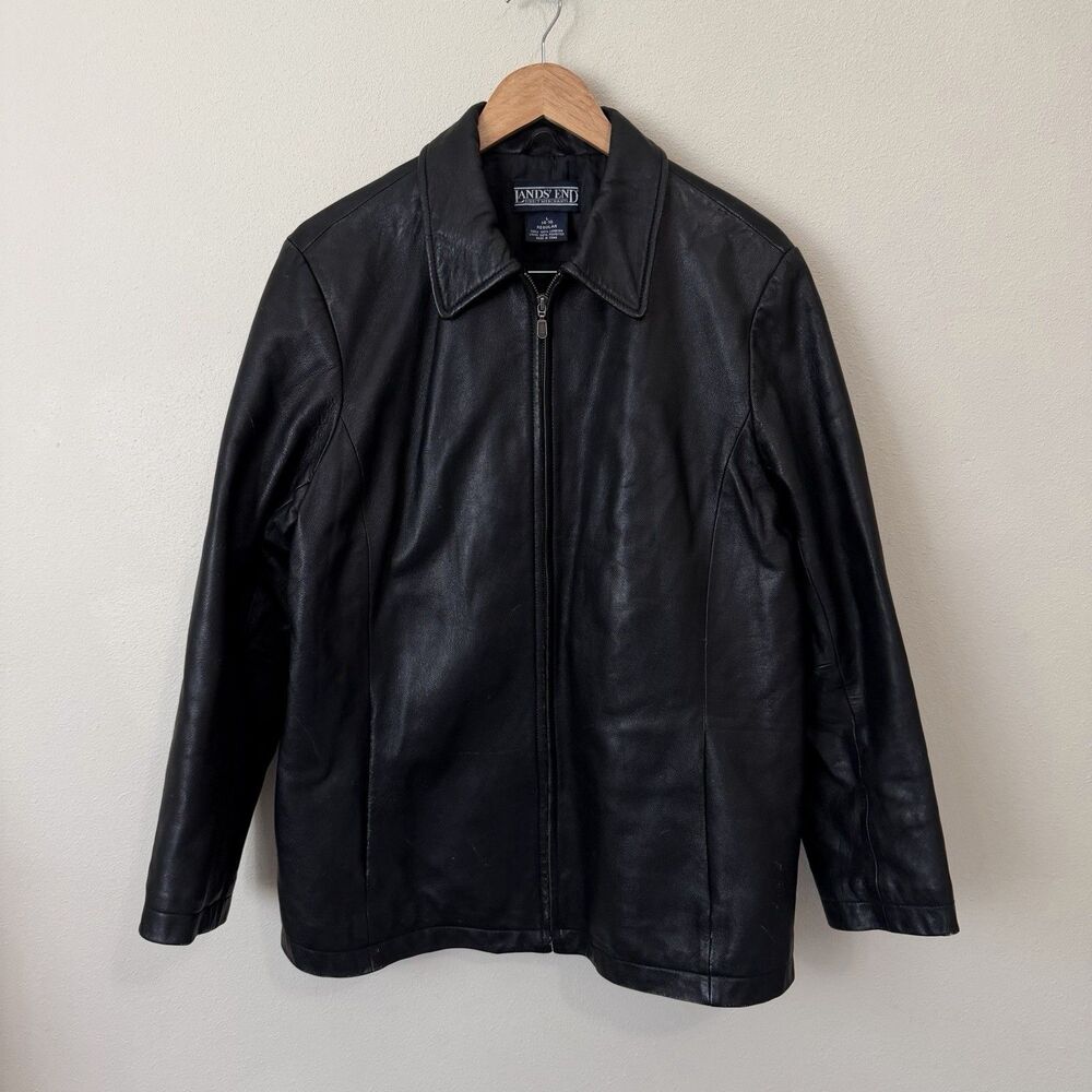 Lands End Womens L 14-16 Black Lambskin Leather Jacket Full Zip Collared Coat